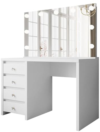 lukmebel - Schminktisch mit Spiegel - Schminkspiegel mit Beleuchtung - Schubladen - Weiß Make Up Tisch Frisiertisch Kosmetiktisch Matt Glamour Elite Kristallgriffe