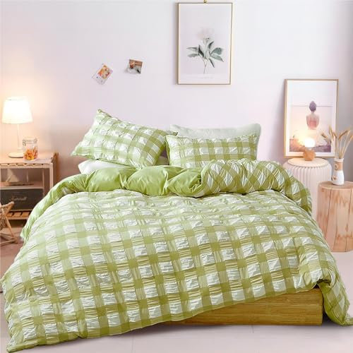 Freyamy Seersucker Bettwäsche 155x220cm 2teilig Grün Weiß Geprägt Gitter Strukturiert Bettwaren-Sets Uni Gebürstet Microfaser Mädchen Bettbezug mit Reißverschluss und 1 Kissenbezug 80x80cm