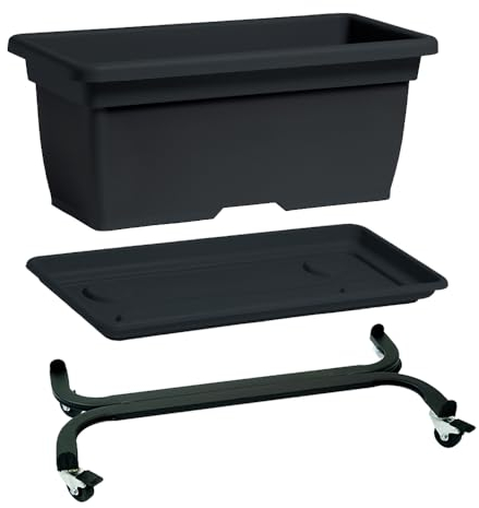 Nicoli Pot de jardinière d'extérieur en polypropylène avec soucoupe pour plantes ou fleurs, vase rectangulaire pour balcon, jardin, terrasse (Anthracite, 100 cm avec chariot)