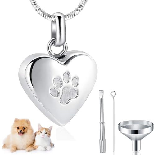 VEOIRXU Urne Kette für Asche, Anhänger Pfoten Abdruck Haustier, Herz Urne Halskette, Memorial Andenken Urne Schmuck mit Trichter-Kit für Haustier/Hunde/Katze Asche(Silber)