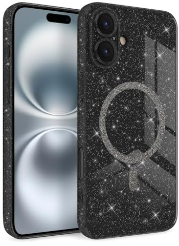 Newseego Magnetic Phone Case for iPhone 16 Plus [Compatible with Magsafe], Clear Shiny Glitter Girls Women Screen Camera Shockproof Protection Bumper Dustproof Cover for iPhone 16 Plus-Black