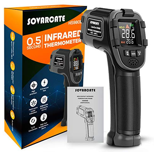 Thermomètre infrarouge SOVARCATE numérique IR Laser Thermometer Temperature Gun High and Low Temperature Alarm -26°F~1112°F Temperature Probe Cooking/Air/Refrigerator