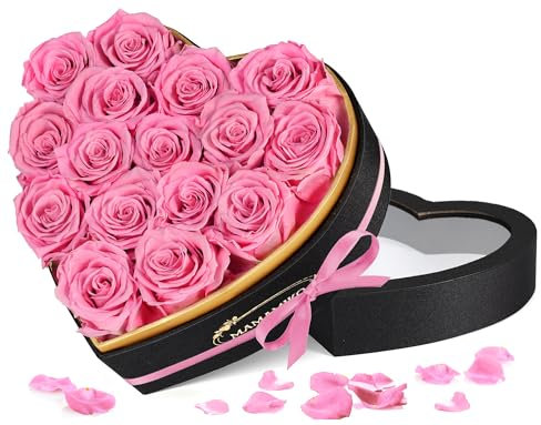 MAMAMIKO 16 Rosa Stabilizzata Vera in Forma Cuore,Rosa Eterna Regalo per Lei Donna Fidanzata Mamma Ragazza,Fiori Stabilizzati Regali San Valentino,Compleanno,Festa della Mamma,Anniversario(Rosa Rosa)