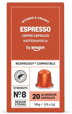 by Amazon Capsules de café Aluminimum Espresso compatibles avec Nespresso, capsule en aluminium, torréfaction légère, 20 Pièces- Certifié Rainforest Alliance