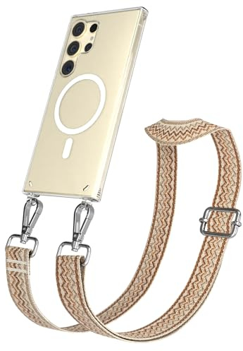EAZY CASE Handykette - Verstellbares Taschenband kompatibel mit Galaxy S24 Ultra, Schulterriemen, Handykordel Silikon Hülle, Qi Charging kompatibel, Umhängetasche, Wellen - Beige Braun Metall Silber