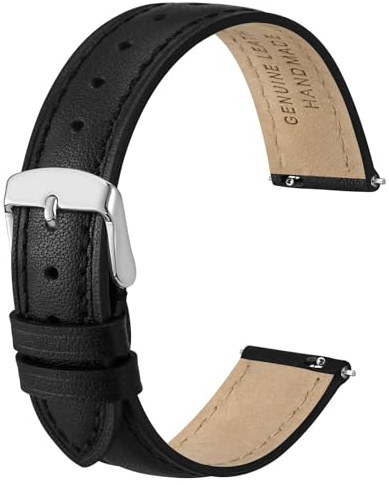 Anbeer 14mm Flat Thin Elegantes Echtes Leder Uhrenarmband, Schnellverschluss Ersatz Uhrenarmband für Frauen, Schwarz mit Silberschnalle