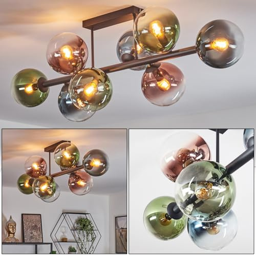 HOFSTEIN Deckenleuchte Gastor, 8-flammige Deckenlampe aus Metall/Glas in Schwarz/Blau/Grün/Kupfer/Klar, Leuchte im Retro/Vintage-Design (Schirme Ø 15 cm), E14, Esszimmer, Wohnzimmer, Schlafzimmer