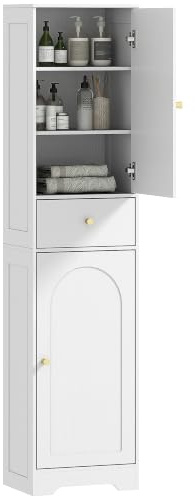 HOMCOM Armario Alto de Baño Estrecho Cajón 40x29,5x170 cm Blanco Veteado | 2 Puertas Arqueadas, Estantes Ajustables, Columna de Baño, Estilo Moderno, para Salón Aseo Cocina