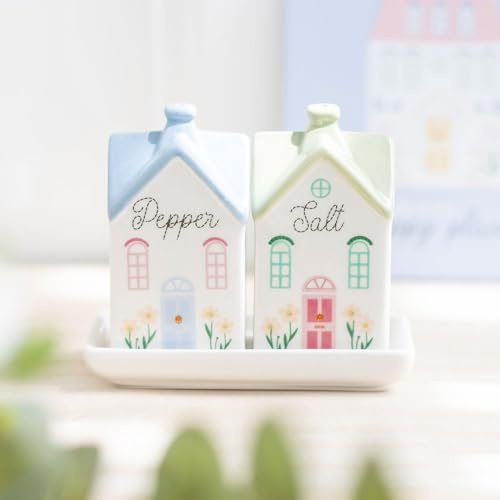 Ceramic Salt and Pepper Shaker Set, House-Shaped with Pastel Blue and Green Roofs, Decorative Floral Design, Kitchen Table Decor