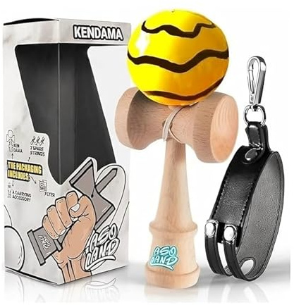 ASOLAND Kendama Traditionelles Holzspielzeug – Japanisches Bilboquet für Kinder & Erwachsene – Verbessert Reflexe und Geschicklichkeit – Komplett-Set für Profis & Anfänger, Gelb mit schwarzen Streifen