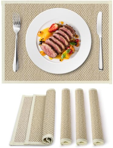 fanquare 4 Stück Bambus Geflochten Tischsets Stoffrand Holz Beige 40x30cm | Naturfarben Platzsets Waschbar Bambusmatte Aufrollbar Pflegeleicht Platzdeckchen für Tisch Küche Essen