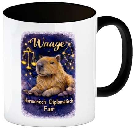 speecheese Kaffeebecher in schwarz Waage Sternzeichen Cabybara | für Astrologie Fans Lustige mit Sternzeichen-Spruch