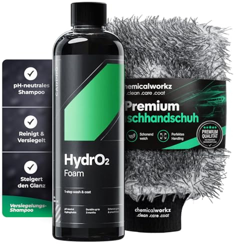Autowasch Set: CarPro HydrO2Foam Autoshampoo mit Abperleffekt (1L) + chemicalworkz Premium Waschhandschuh Auto | Gründliche & schonende Entfernung hartnäckiger Verschmutzungen, pH-Neutral | 2-tlg.