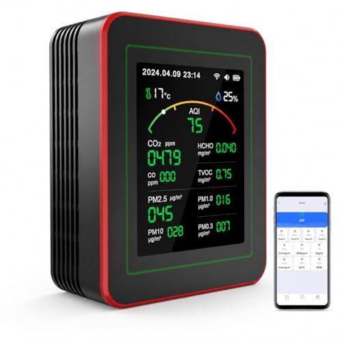 Smart Air Quality Monitor with App Control, 15-in-1 Pollution Detector for CO2 PM2.5 PM10 HCHO TVOC, Real-Time AQI Sensor and Custom Alerts for Home, Office and Car