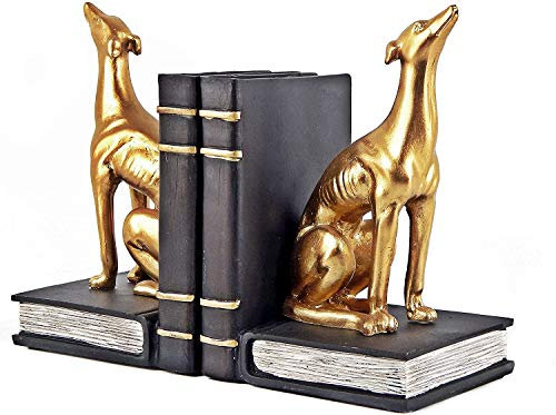 Bellaa 24209 Dekorative Bücher Buchstützen Windhund Hund Tier Buchstützen Halter Schwere Stopper Bücherregal Regale zum Halten von Büchern, Bibliothek, Regalteilern, Heimdekoration, Gold, 17,8 cm