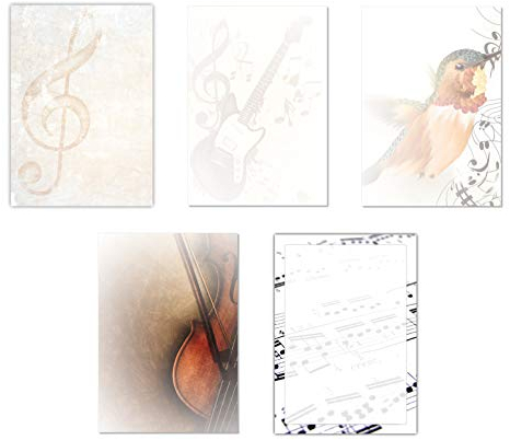 5 x 10 Blatt Motivpapier Briefpapier Mix DIN A4 Noten Gitarre Geige (Musik-5225)