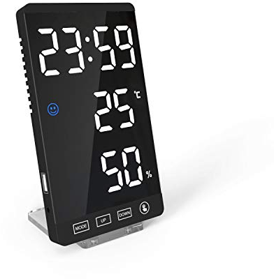 DollaTek Smart Mirror LED CLock Decorativo caricatore del telefono Sveglia Orologio digitale con luminosità a 4 livelli con display della temperatura meteorologica - guscio nero e digitale bianco