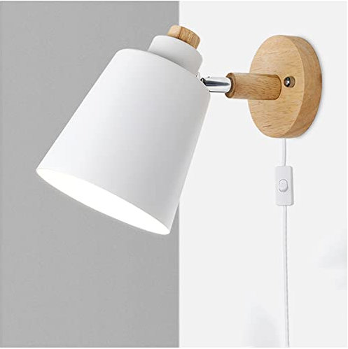 Simple Style Indoor Wall Lamp Edison E27 Wall Spotlights with Plug and ON/Off Switch Adjustable Modern Wooden Bedside Reading Lights Wall light for Bedroom Living room Office Study,White