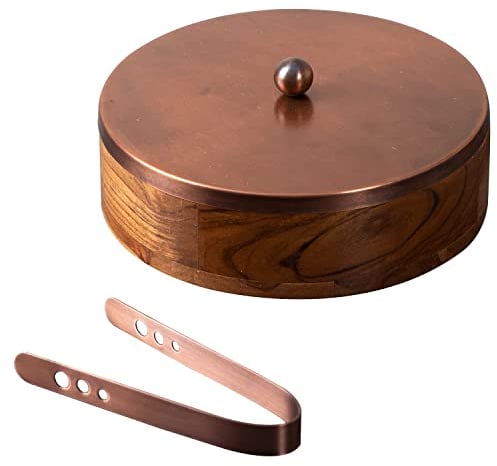 Crafting with love a Wooden Casserole Roti Box Chapatti Hotpot/Kitchen chapati Box| Stainless Steel lid with Teak Wood Round Base (Copper, Diameter 9 inch)
