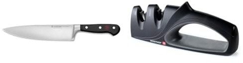 Wüsthof Classic 8 Inch Chef's Knife, Black & 2-Stage Hand-Held Sharpener, Black