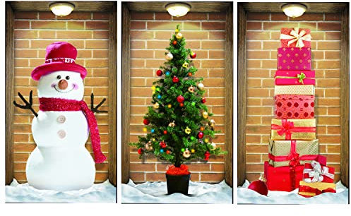 TOARTi 3D Christmas Wall Stickers Decorations,Christmas Tree Wall Stickers for Holidays Wall Decor,Snowman New Year Presents Wall Decals for Living Room Walls,Set of 3(40*22cm) Xmas Wall Art Pictures