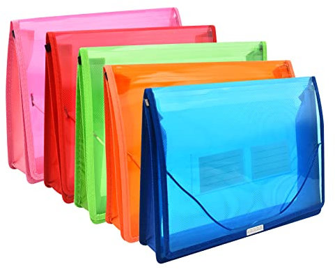 Lot de 5 dossiers extensibles avec rabat et cordon de fermeture, pochettes transparentes imperméables de 7,1 cm, format A4 pour la maison, l'école, le bureau