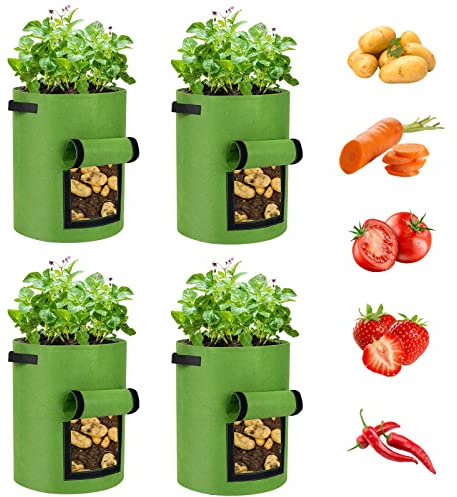 Potato Grow Bags 4 Pack 10 Gallon Potato Growing Bags, Nonwoven Fabric Pots with Handles and Window Flap, Potato Planter Vegetable Growing Containers for Potato Tomato Carrot Onion(Light Green)