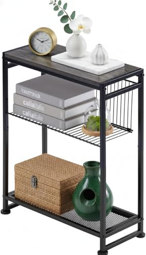 Dulcii Petite table d'appoint pour petits espaces – Table d'appoint fine avec porte-revues – Table d'appoint étroite pour salon, table de chevet fine, table de chevet, table d'appoint fine pour