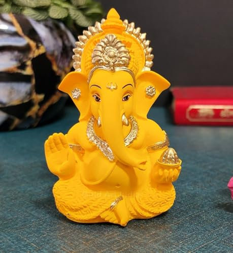 Gold Art India Gelber Mukut Ganesha – gut als göttliche Dekoration für Zuhause/Büro, Auto-Armaturenbrett-Idol, Einweihungsgeschenk (Mukut Yellow Terracotta 8,9 cm)