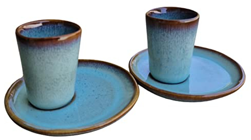 PintoCer - Juego de Tazas para Café Espresso en Ceramica de Gres sin Asa (Azul/Azul, 2)