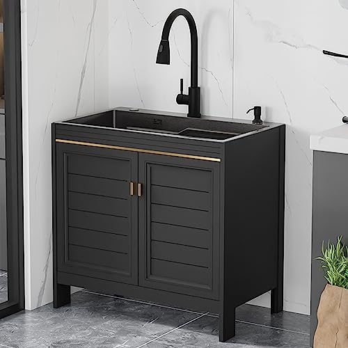 Waschbecken mit Unterschrank,Spülenschrank mit Spüle und Armatur,Edelstahl Spülbecken Spültisch,Spülschrank Küchenunterschrank,Waschtisch Badmöbel Waschplatz Waschbeckenunterschrank ( Color : Nero , S
