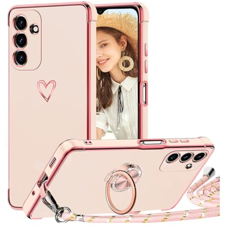 TVVTPU Handyband für Samsung Galaxy A14 4G / A14 5G Hülle mit Band, Herz Muster Handyhülle mit Ring Ständer Stoßfeste Kratzfest Outdoor Schutzhülle Case mit Kordel zum Umhängen (Abnehmbar), Rosa