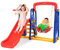 GYMAX Toddler Swing and Slide Set, 4-in-1 Children Climber and Swing Set with Basketball Hoop, Kids Play Area Playground Set for Indoor (Red+Dark Blue, 167x150x126cm)