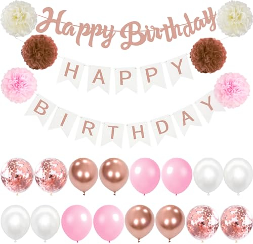 Happy Birthday Roségold Geburtstag Deko Luftballons Rosa Geburtstagdeko Seidenpapier Pompons für Geburtstag Dekoration Mädchen Jungen