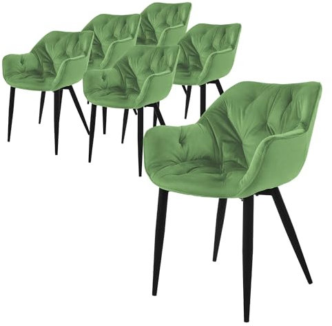 ML-Design Esszimmerstühle 6er Set Salbei, Küchenstuhl mit dickem Samtstoff gepolsterter Sitz, Metallbeinen, Wohnzimmerstuhl mit Rücken- und Armlehnen, Gesteppter Polsterstuhl, Ergonomischer Sessel