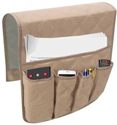 FSLLWGWG Sofa Chair Couch Armrest Organizer, 5 Pockets Anti-Slip Armchair Storage Bag, Fits for Tablet, Phone, Book, Magazines, TV Remote Control Rest Pouch (Beige)
