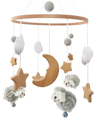 Mobile Baby Holz Schaf Mobile Baby Babybett Windspiel, Wolken Mond Stern Baby Mobile für bett, Baby Spielzeug Geschenk für mädchen oder Jungen (Grau)