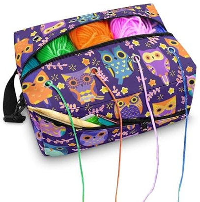 Kuiaobaty Häkeltasche mit Eulen-Aufdruck, lila Stricktasche mit Loch, Neuheit Eule Vögel Wolltasche Garnhalter Nähen Aufbewahrungstasche
