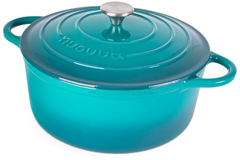 Cocotte en Fonte Émaillée – Casserole Faitout avec Couvercle, Antiadhésif, Marmite pour Induction et Four, 6.1 Liter – Turquoise – par Nuovva