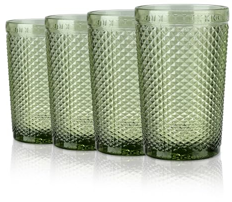Joeyan 350ml Grün Trinkgläser Set von 4,Bunt Wassergläser Set mit Diamant Relief,Vintage Gläser Set for Zuhause Restaurant Bar,Spülmaschinenfest