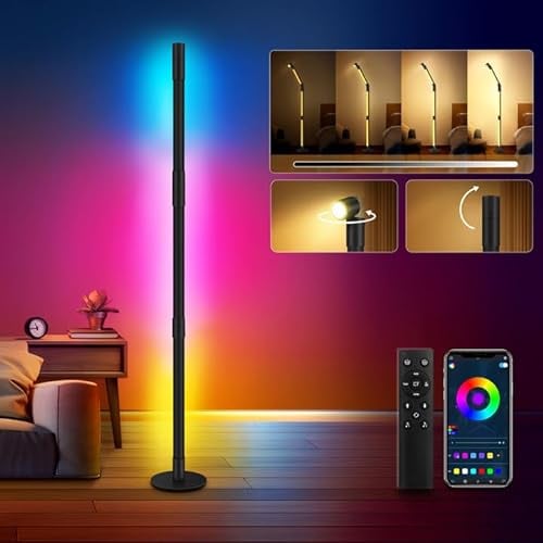 HANDSONIC LED Stehlampe,RGBIC Stehlampe Wohnzimmer Dimmbar,128cm Abnehmbar 360° Drehbare Stehlampe Schwarz,Stehleuchte mit App,300 Szenenmodi,Musikmodus Floor Lamp Gaming LED Deko Wohnzimmer