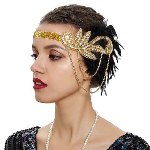 Generisch 1920er Jahre Feder-Haarband für Damen, Vintage-Kopfschmuck, Flapper-Stirnband, Gatsby, schöner Kopfschmuck, Gold und Schwarz