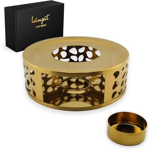 heimzeit Scaldavivande per Teiere e Caffettiere in Acciaio Inossidabile di Alta Qualità [Ø 15 cm, Oro], Scalda Teiera con Supporto per Candela, Antigraffio e adatto a tutte le Dimensioni