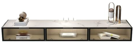 Support TV flottant fixé au mur Meuble TV flottant de luxe avec plateau en ardoise et portes en verre rabattables, étagère flottante de 70,8/78,7 for sous la TV, console multimédia murale, centre de