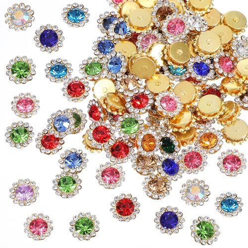Teaaha 100 Stück 12mm Strasssteine zum Aufnähen, Glas Kristall Strasssteine, Metallsockel, Blumenform, für Kleidung, Schuhe, Ohrringe, Gürtel, DIY Handwerk, Nähzubehör(bunt)