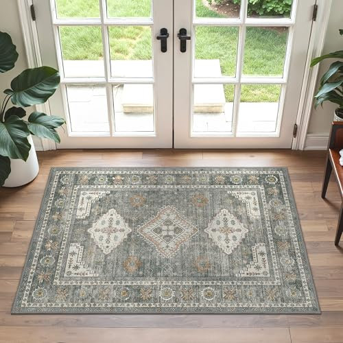 GENIMO Vintage Teppich 60x90CM, Dunkle Fußmatte Indoor, Waschbar Boho Eingang, rutschfest Kleinen Teppich für Schlafzimmer Bad Küche