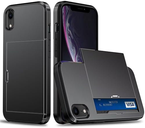 xinyunew Coque Portefeuille pour iPhone XR avec Porte-Cartes, Étui de Protection Téléphone Double Couche Antichoc, Fente Cachée Coulissante, Antichoc TPU+PC Housse Portefeuille - Noir
