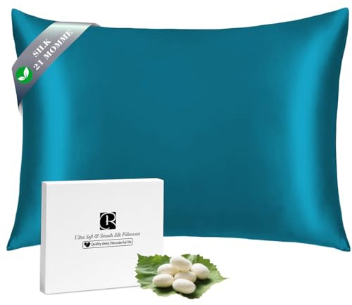 Ravmix Silk Pillowcase for Hair and Skin 21Momme Both Sides Mulberry Silk Pillow Case with Hidden Zipper, 1PCS, 50×66cm, Peacock Blue