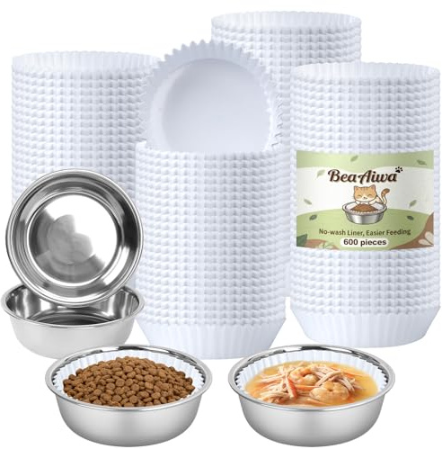 Bulk Disposable Cat Bowls Set (600 Pcs Cat Food Bowl liners + 4 Pcs Stainless Steel Pet Bowls) Disposable Pet Food Bowls for Puppy Kitten Small Dogs Cats Small Paper Bowls for Dry and Wet Food (White)