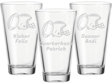 LUXENTU Trinkgläser mit Gravur 3er Set, 300 ml, Wassergläser und Kindergläser mit Football-Motiven, Personalisierbar mit Namen, Individuelle Lasergravur, Ball & Helm
